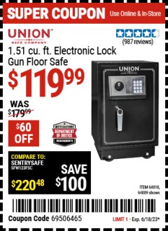 Harbor Freight Coupon 1.51 CUBIC FT. ELECTRONIC GUN FLOOR SAFE Lot No. 64010/64009 Expired: 6/18/23 - $119.99