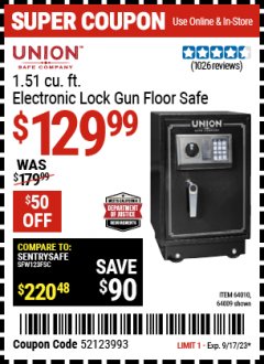 Harbor Freight Coupon 1.51 CUBIC FT. ELECTRONIC GUN FLOOR SAFE Lot No. 64010/64009 Expired: 9/17/23 - $129.99