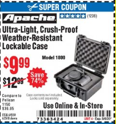 Harbor Freight Coupon ULTRA-LIGHT, CRUSH-PROOF, WEATHER-RESISTANT LOCKABLE CASE Lot No. 64550/63518 Expired: 9/6/20 - $9.99