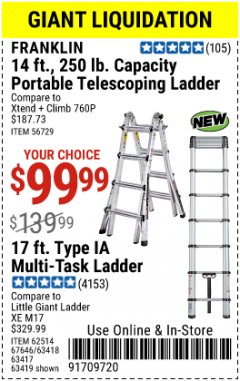 Harbor Freight Coupon FRANKLIN 14FT. PORTABLE TELESCOPING LADDEE Lot No. 56729 Expired: 9/30/20 - $99.99
