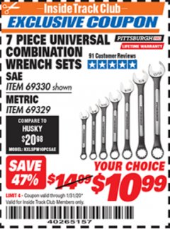 Harbor Freight ITC Coupon 7 PIECE UNIVERSAL COMBINATION WRENCH SETS Lot No. 69330/69329 Expired: 1/31/20 - $10.99