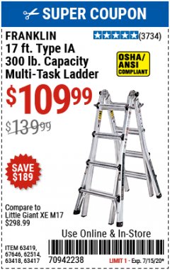 Harbor Freight Coupon FRANKLIN 17FT. TYPE IA MULTI-TASK LADDER Lot No. 63419, 67646, 62514, 63418, 63417 Expired: 7/15/20 - $109.99
