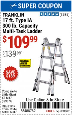 Harbor Freight Coupon FRANKLIN 17FT. TYPE IA MULTI-TASK LADDER Lot No. 63419, 67646, 62514, 63418, 63417 Expired: 8/31/20 - $109.99