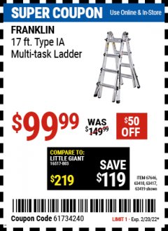 Harbor Freight Coupon FRANKLIN 17FT. TYPE IA MULTI-TASK LADDER Lot No. 63419, 67646, 62514, 63418, 63417 Expired: 2/20/22 - $99.99