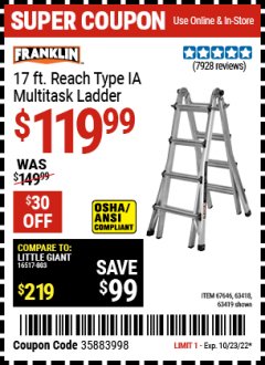 Harbor Freight Coupon FRANKLIN 17FT. TYPE IA MULTI-TASK LADDER Lot No. 63419, 67646, 62514, 63418, 63417 Expired: 10/23/22 - $119.99