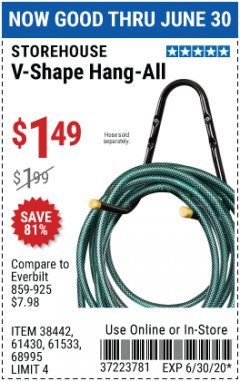 Harbor Freight Coupon STOREHOUSE V-SHAPE HANG-ALL Lot No. 38442, 61430, 61533, 68995 Expired: 6/30/20 - $1.49