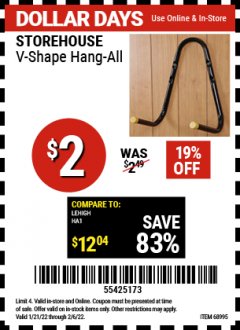 Harbor Freight Coupon STOREHOUSE V-SHAPE HANG-ALL Lot No. 38442, 61430, 61533, 68995 Expired: 2/6/22 - $2