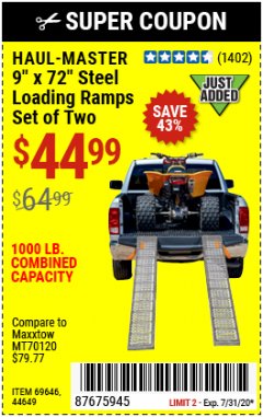 Harbor Freight Coupon 9"X72" STEEL LOADING RAMPS SET OF TWO Lot No. 69646/44649 Expired: 7/31/20 - $44.99