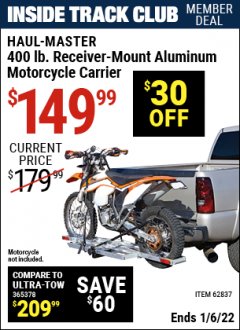 Harbor Freight ITC Coupon 400LB RECEIVER MOUNT MOTORCYCLE CARRIER Lot No. 62837 Expired: 1/6/22 - $149.99