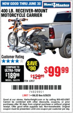 Harbor Freight Coupon 400LB RECEIVER MOUNT MOTORCYCLE CARRIER Lot No. 62837 Expired: 6/30/20 - $99.99