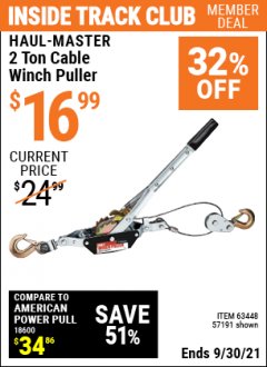 Harbor Freight ITC Coupon 4000 LB. CCAPACITY CABLE WINCH PULLER Lot No. 30329/57191/61964/63448 Expired: 9/30/21 - $16.99