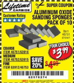 Harbor Freight Coupon LIFETIME ALUMINUM OXIDE SANDING SPONGES PACK OF 10 Lot No. 46751, 63918, 46752, 63915, 63912, 46753 Expired: 6/21/20 - $3.99