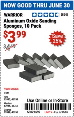 Harbor Freight Coupon LIFETIME ALUMINUM OXIDE SANDING SPONGES PACK OF 10 Lot No. 46751, 63918, 46752, 63915, 63912, 46753 Expired: 6/30/20 - $3.99