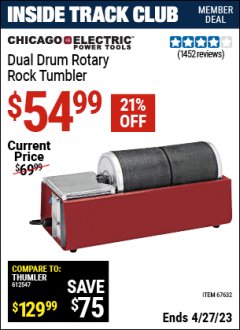 Harbor Freight ITC Coupon DUAL DRUM ROTARY ROCK TUMBLER Lot No. 67632 Expired: 4/27/23 - $54.99