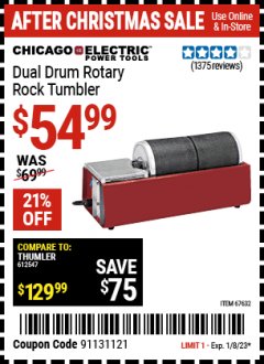 Harbor Freight Coupon DUAL DRUM ROTARY ROCK TUMBLER Lot No. 67632 Expired: 1/8/23 - $54.99