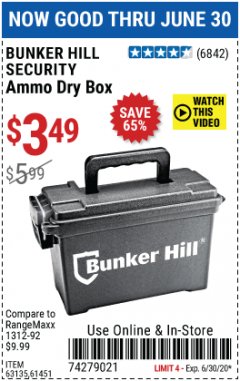 Harbor Freight Coupon BUNKER HILL SECURITY AMMO DRY BOX Lot No. 63135, 61451 Expired: 6/30/20 - $3.49