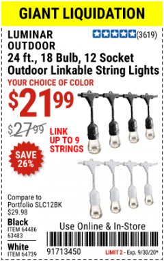 Harbor Freight Coupon LUMINAR OUTDOOR 24 FT., 18BULB, 12 SOCKET OUTDOOR LINKABLE LIGHTS Lot No. 64486, 63483, 64739 Expired: 9/30/20 - $21.99