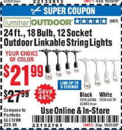 Harbor Freight Coupon LUMINAR OUTDOOR 24 FT., 18BULB, 12 SOCKET OUTDOOR LINKABLE LIGHTS Lot No. 64486, 63483, 64739 Expired: 10/23/20 - $21.99