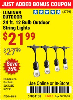 Harbor Freight Coupon LUMINAR OUTDOOR 24 FT., 18BULB, 12 SOCKET OUTDOOR LINKABLE LIGHTS Lot No. 64486, 63483, 64739 Expired: 10/31/20 - $21.99