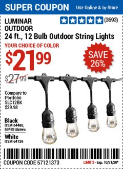 Harbor Freight Coupon LUMINAR OUTDOOR 24 FT., 18BULB, 12 SOCKET OUTDOOR LINKABLE LIGHTS Lot No. 64486, 63483, 64739 Expired: 10/31/20 - $21.99