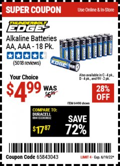 Harbor Freight Coupon THUNDERBOLT EDGE AAA ALKALINE BATTERIES, 18 PK. AA ALKALINE BATTERIES, 18 PK. C ALKALINE BATTERIES, 4 PK. D ALKALINE BATTERIES, 4 PK. 9V ALKALINE BATTEIRES, 2 PK. Lot No. 64489/64490/64492/64491/64493 Expired: 6/19/22 - $4.99