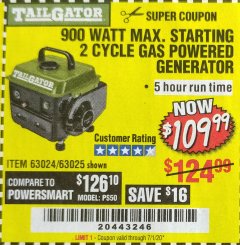 Harbor Freight Coupon 900 WATT MAX. STARTING 2 CYCLE GAS POWERED GENERATOR Lot No. 63024 Expired: 7/1/20 - $109.99