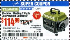 Harbor Freight Coupon 900 WATT MAX. STARTING 2 CYCLE GAS POWERED GENERATOR Lot No. 63024 Expired: 8/8/20 - $114.99