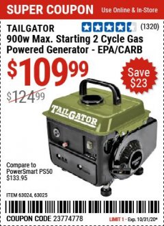 Harbor Freight Coupon 900 WATT MAX. STARTING 2 CYCLE GAS POWERED GENERATOR Lot No. 63024 Expired: 9/28/20 - $109.99