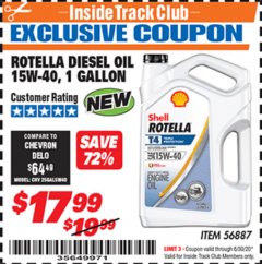 Harbor Freight ITC Coupon ROTELLA DIESEL OIL 15W-40, 1 GALLON Lot No. 56887 Expired: 6/30/20 - $17.99