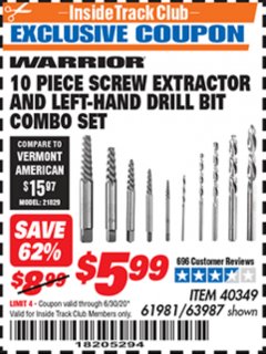 Harbor Freight ITC Coupon 10 PIECE SCREW EXTRACTOR AND LEFT-HAND DRILL BIT COMBO SET Lot No. 40349/61981/63987 Expired: 6/30/20 - $5.99
