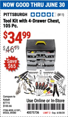 Harbor Freight Coupon PITTSBURGH TOOL KIT WITH 4 DRAWER CHEST Lot No. 4030,61591,69323,69380 Expired: 6/30/20 - $34.99