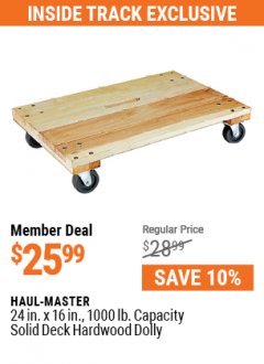 Harbor Freight ITC Coupon 24” X 16” SOLID DECK HARDWOOD DOLLY Lot No. 56782 Expired: 7/29/21 - $25.99