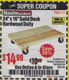 Harbor Freight Coupon 24” X 16” SOLID DECK HARDWOOD DOLLY Lot No. 56782 Expired: 7/5/20 - $14.99