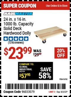 Harbor Freight Coupon 24” X 16” SOLID DECK HARDWOOD DOLLY Lot No. 56782 Expired: 6/2/22 - $23.99