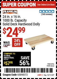 Harbor Freight Coupon 24” X 16” SOLID DECK HARDWOOD DOLLY Lot No. 56782 Expired: 12/11/22 - $24.99