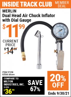 Harbor Freight ITC Coupon DUAL HEAD AIR CHUCK INFLATOR W/ DIAL GAUGE Lot No. 57258/63544 Expired: 9/30/21 - $11.99