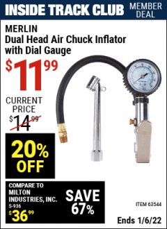 Harbor Freight ITC Coupon DUAL HEAD AIR CHUCK INFLATOR W/ DIAL GAUGE Lot No. 57258/63544 Expired: 1/6/22 - $11.99