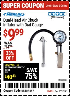 Harbor Freight Coupon DUAL HEAD AIR CHUCK INFLATOR W/ DIAL GAUGE Lot No. 57258/63544 Expired: 1/21/24 - $9.99