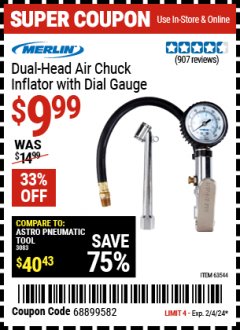 Harbor Freight Coupon DUAL HEAD AIR CHUCK INFLATOR W/ DIAL GAUGE Lot No. 57258/63544 Expired: 2/4/24 - $9.99