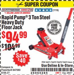 Harbor Freight Coupon PITTSBURGH SERIES 2 RAPID PUMP 3 TON STEEL HEAVY DUTY FLOOR JACK Lot No. 56621 Expired: 3/9/21 - $94.99