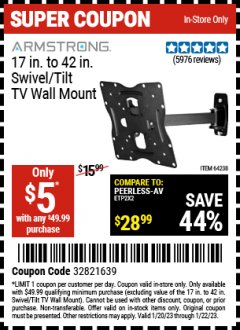 Harbor Freight Coupon ARMSTRONG 17" TO 42" SWIVEL/TILT TV WALL MOUNT Lot No. 64238 Expired: 1/22/23 - $5