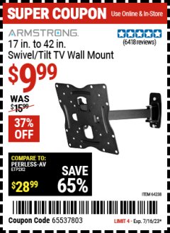 Harbor Freight Coupon ARMSTRONG 17" TO 42" SWIVEL/TILT TV WALL MOUNT Lot No. 64238 Expired: 7/16/23 - $9.99
