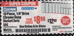 Harbor Freight Coupon QUINN 1/4" DRIVE CHROME DEEP SOCKETS, 10 PC. Lot No. 62407, 62408, 62409, 64210 Expired: 7/31/20 - $8.99