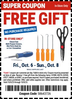 Harbor Freight FREE Coupon PITTSBURGH 4 PIECE PICK AND HOOK SET Lot No. 34328, 66836, 63765, 63697 Expired: 10/8/23 - NPR