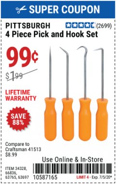 Harbor Freight Coupon PITTSBURGH 4 PIECE PICK AND HOOK SET Lot No. 34328, 66836, 63765, 63697 Expired: 7/5/20 - $0.99