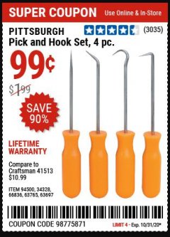 Harbor Freight Coupon PITTSBURGH 4 PIECE PICK AND HOOK SET Lot No. 34328, 66836, 63765, 63697 Expired: 10/31/20 - $0.99