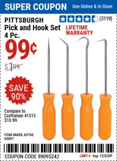 Harbor Freight Coupon PITTSBURGH 4 PIECE PICK AND HOOK SET Lot No. 34328, 66836, 63765, 63697 Expired: 12/3/20 - $0.99