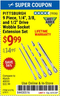 Harbor Freight Coupon PITTSBURGH 9 PIECE, 1/4", 3/8" AND 1/2" DRIVE WOBBLE SOCKET EXTENSION SET Lot No. 61278, 67971 Expired: 8/31/20 - $9.99