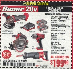 Harbor Freight Coupon 20V BAUER 4 TOOL, 7 PIECE COMBO KIT Lot No. 64755, 56396, 63632, 63634, 64817 Expired: 7/31/20 - $199.99