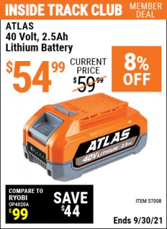 Harbor Freight ITC Coupon ATLAS 40V BRUSHLESS BLOWER, 40V 2.5 AH BATTERY & STANDARD CHARGER Lot No. 56999, 57008, 56993 Expired: 9/30/21 - $54.99